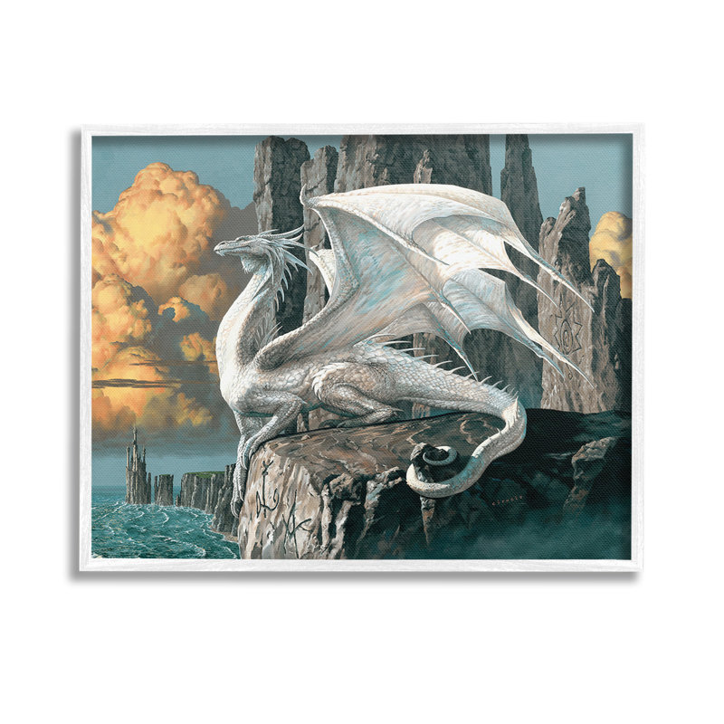 Dragon perché sur une falaise, estampe numérique encadrée par Ciruelo, Giclée encadrée blanc bord de mer, H 11 po x l 14 po