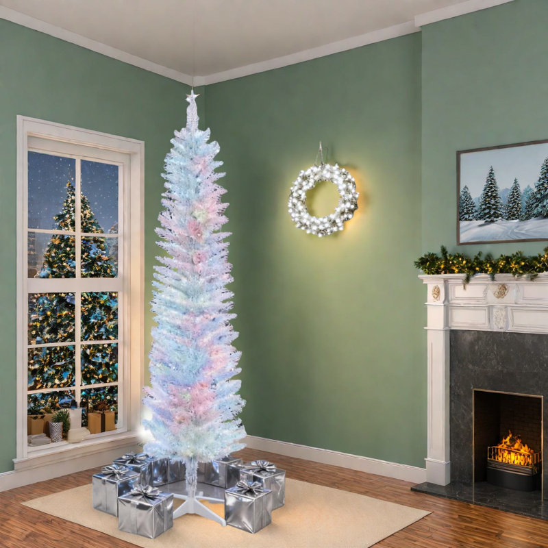 Arbre de Noël compact 5 pi avec lumières à DEL, décor intérieur blanc
