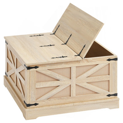 Rattan Coffee Table, Rectangle PE Rattan Woven Wood Coffee Table with MDF Top, 32-Inch Modern Boho Style Storage Coffee Table with Retro Metal Hinges,