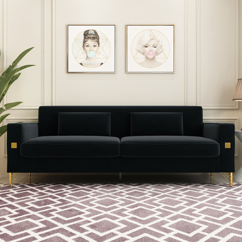 Deondry 85.63" Velvet Square Arm Sofa, Black Velvet