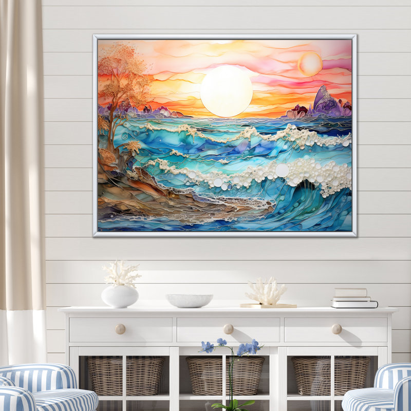 Rainbow Ocean Sunrise - art mural océan, H 12 po x l 20 po x P 1 po, Cadre flottant blanc