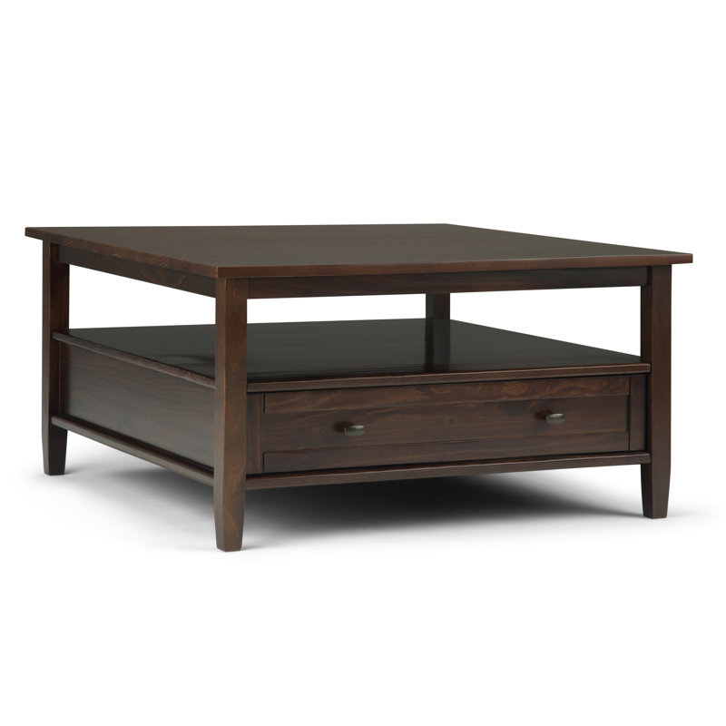 Warm Shaker 36"W Solid Wood Square Coffee Table with Two Drawers and Open Shelf, Tobacco Brown