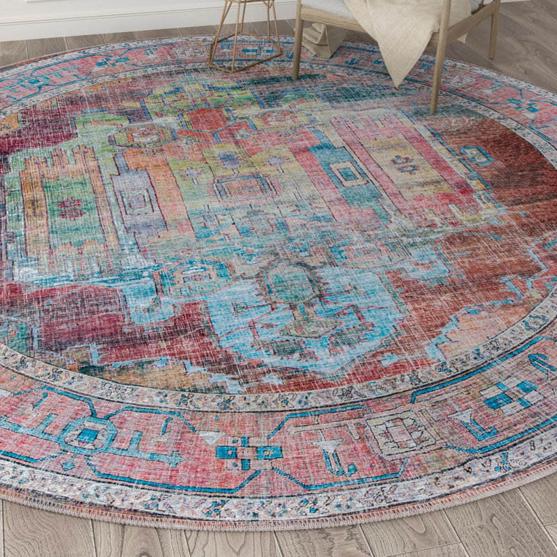Engle Oriental Beige/Pink/Blue Area Rug, Round 5'3"