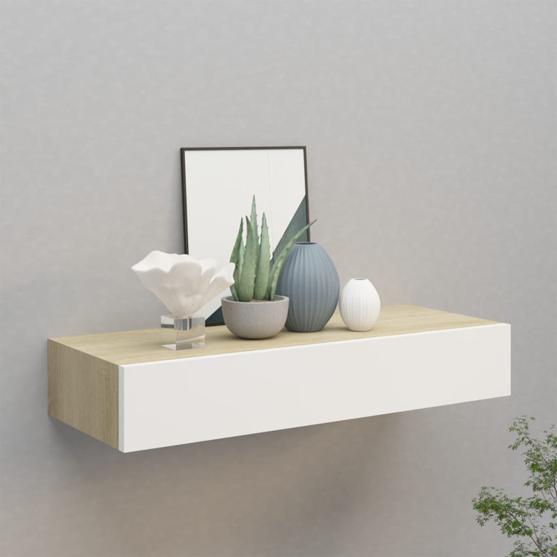 vidaXL Wall-mounted Drawer Shelf Oak and White 60x23,5x3.9 " MDF, 3.94 in H x 23.62 in W x 9.25 in D, White/Oak