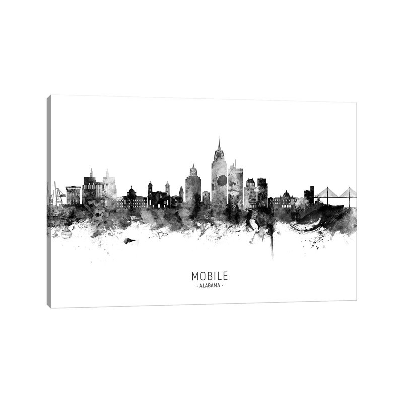 " Mobile Alabama Skyline Name Bw " by Michael Tompsett, 40" H x 60" W x 1.5" D