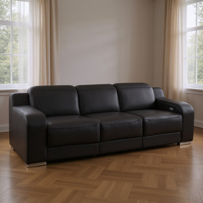 103" Black Italian Leather Reclining USB Sofa
