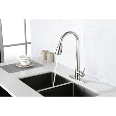 Pull Down Kitchen Faucet In Brushed Nickel And Stainless Steel - High Arc Single Handle, Deck Plate, Modern Style With Handle Sink Plate Design For