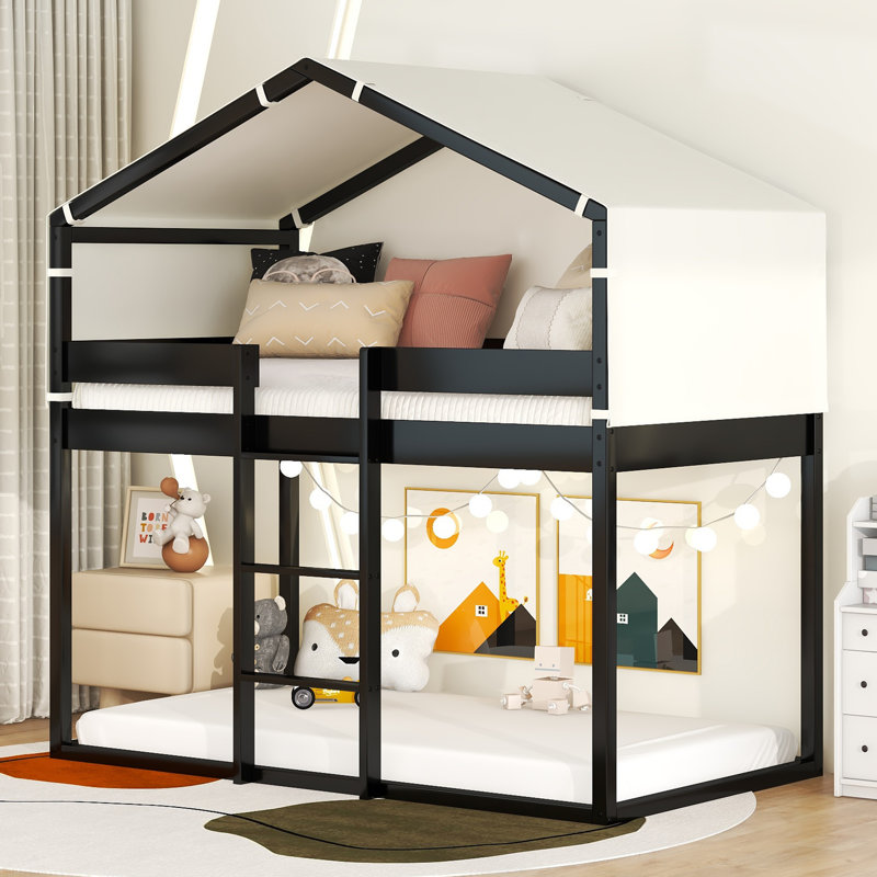 Lit superposé simple au-dessus d'un lit simple en bois avec tente, Espresso