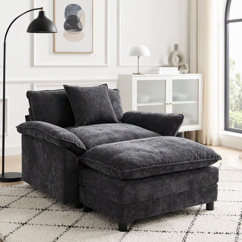 Modern Accent Chair, Chenille Fabric Club Chair, Solid Wood Frame, Tissu noir, Oui