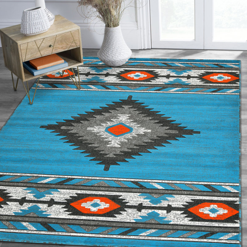 Tapis de style sud-ouest orange et gris HR Blue, Rectangle 8 pi x 10 pi
