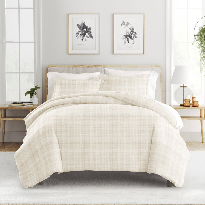 Ray Twin/Twin XL Beige Plaid Microfiber Duvet Cover Set