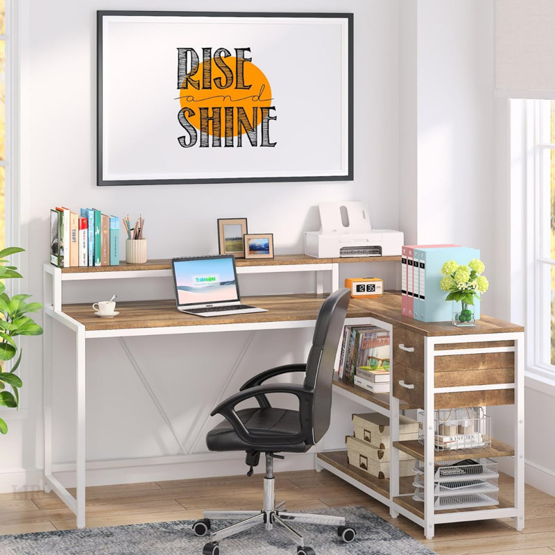 55-Inch L-Shaped Home Office Desk With Monitor Riser, Drawers, And Storage Shelves, Corner Computer Desk For Small Spaces, Farmhouse Writing Table, Beige & White Finish