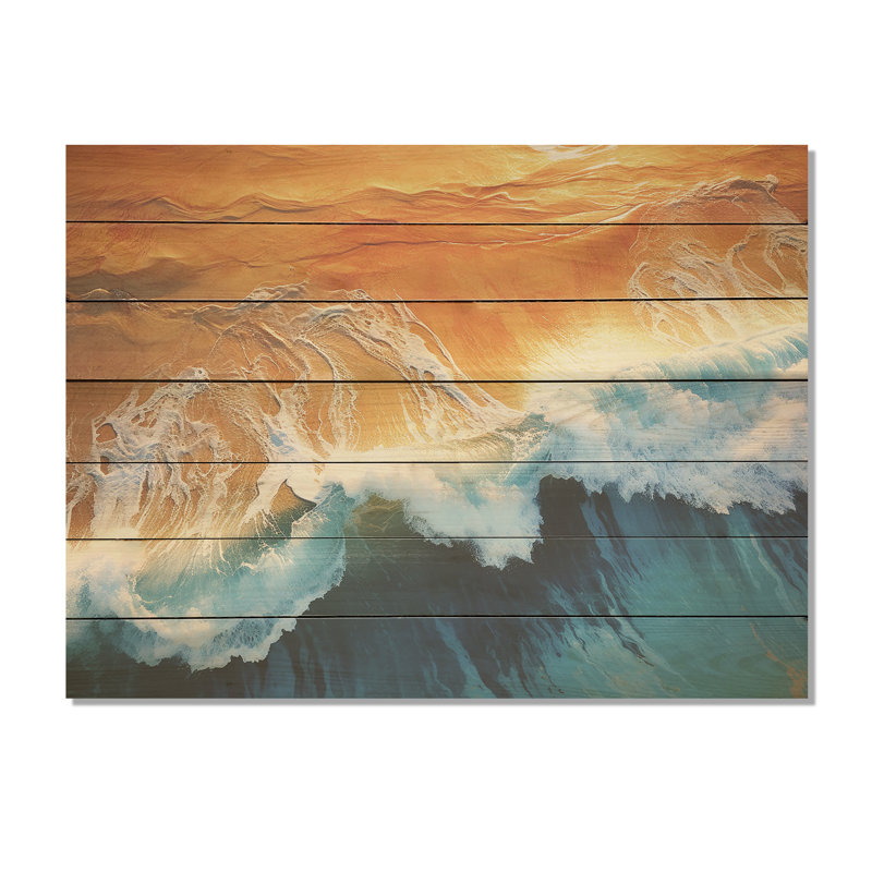 Blue And Orange Vintage Beach Aerial View IV - Beach On Wood Print, 24" H x 32" W x 0.78" D