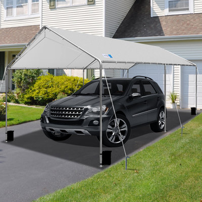 Auvent pour voiture 10 x 20 pi avec câbles en acier renforcé, toit imperméable à trois couches, abri d'auto extérieur pour véhicules, bateaux et fêtes, gris clair