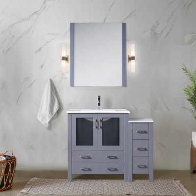 Gris foncé 42 po Meuble-lavabo pour salle de bain avec comptoir, comptoir en céramique blanche, 28 miroirs, tiroirs à fermeture en douceur, 1 surface de rangement intérieure résistante aux taches avec une armoire à l'intérieur et comptoir