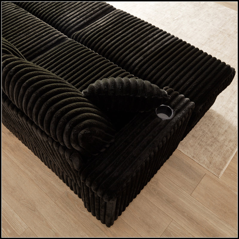 84Inch Corduroy 3 - Seater Sofa With 3 back pillows ,2 toss pillows , 2 ottoman ,2storage spaces and cup-holding grooves Comfy- Holding Grooves