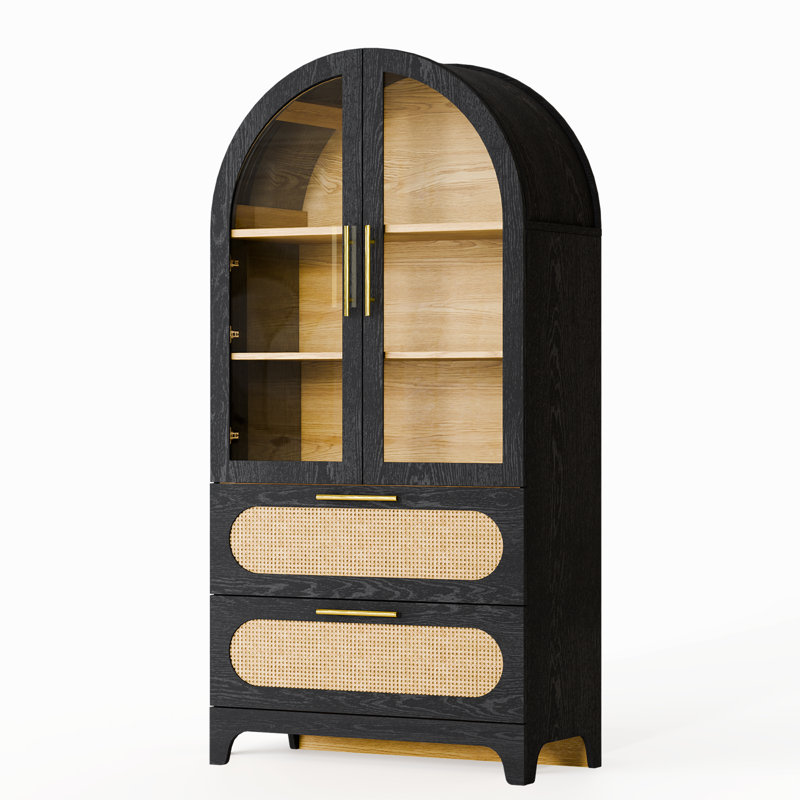 Modern Arched Storage Cabinet With Rattan Drawers And Glass Doors, 3-Tier Display Hutch With 2 Large Storage Drawers