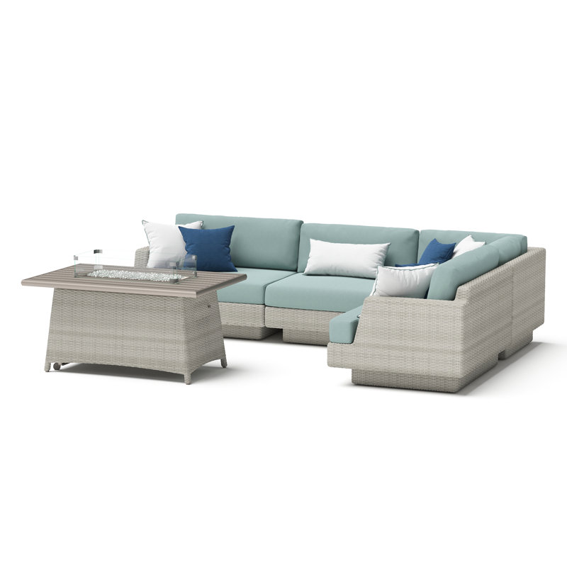 Ensemble de conversation avec foyer et coussins Sunbrella Ehrenfried, Structure grise / coussin bleu spa