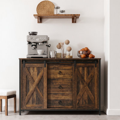 Rustic Brown Buffet Cabinet with Sliding Barn Doors, 3 Drawers & Adjustable Shelves for Dining Room, Living Room