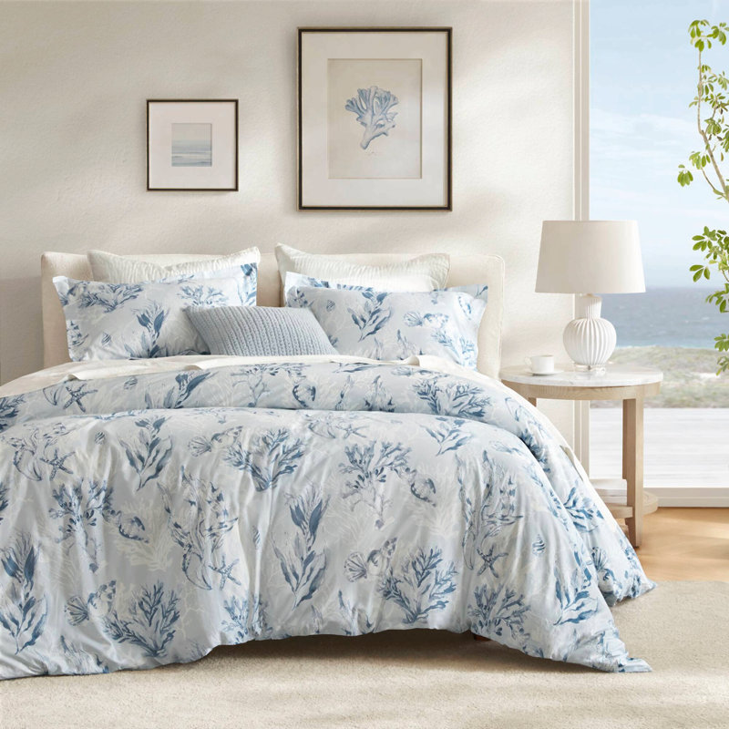 Literie 3 pièces en satin de coton imprimé de luxe, 100 % coton, bleu marine, taille grand lit/queen