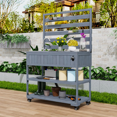 Outdoor Kitchen Cart with Stainless Steel Sink, Storage Shelves, Lockable Wheels and Built-In Bottle Opener