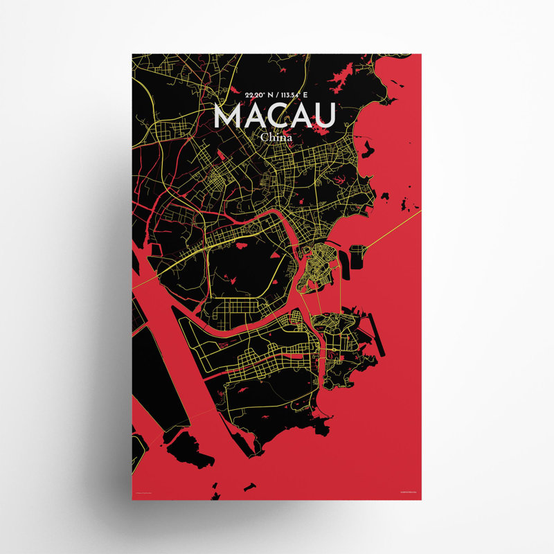 Macau, carte de la ville, impression, H 17 po x l 11 po, Noir / rouge / jaune