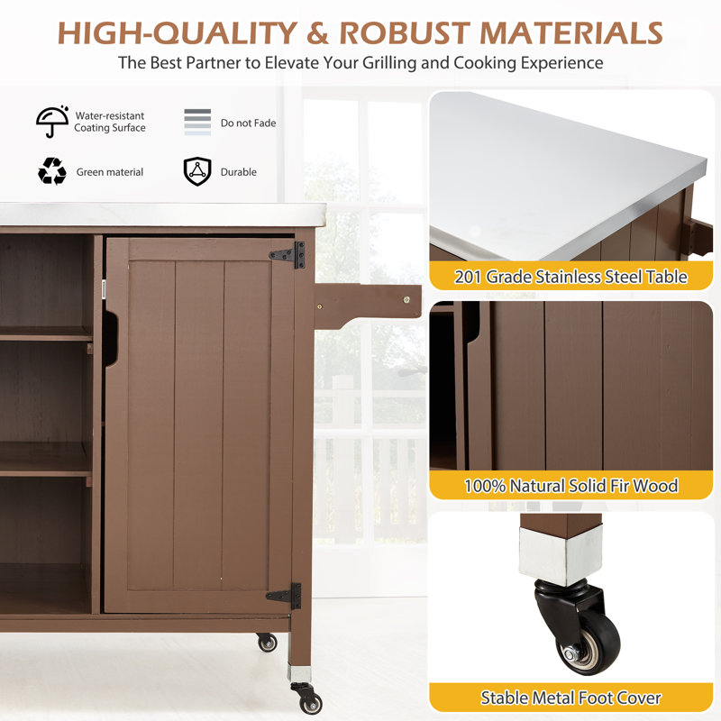 Bar Cart Portable Outdoor Table Made Of Durable Solid Wood And Stainless Steel Countertop Ideal For Kitchen Prep And Grilling