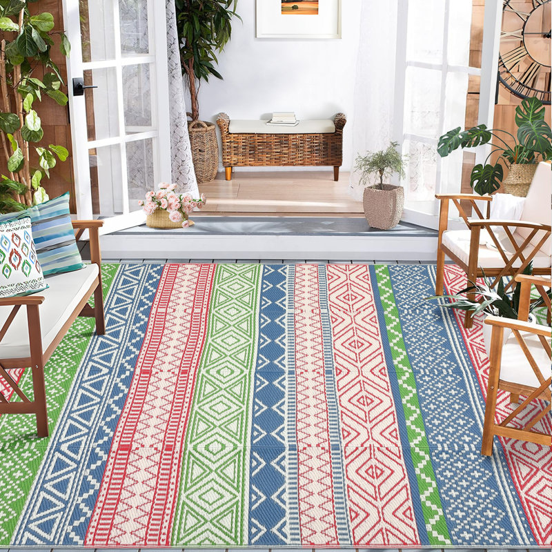 Boho Outdoor Mats Plastic Straw Rug Waterproof Vintage Washable Outdoor Rug for Garden Backyard Picnic Camping RV Deck Beach Trailer