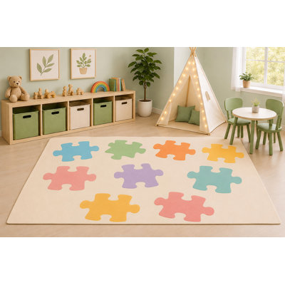 Tapis ultra-léger 152 x 213 cm à motifs de pièces de casse-tête colorés, idéal pour la chambre d'enfant, la salle de jeux, la crèche ou la chambre à coucher. Tapis éducatif à motifs pastel et dessins animés, dos antidérapant en silicone, poils courts.