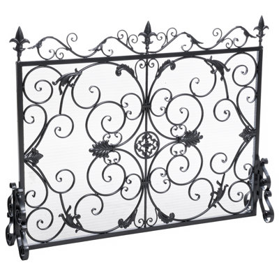 Clôture de foyer en fer noir avec détails décoratifs, P 45,26 po x l 9,56 po, H 34,75 po, ajoute du caractère à la cloison forgée, noir, 10 po, 44 po, 35,5 po