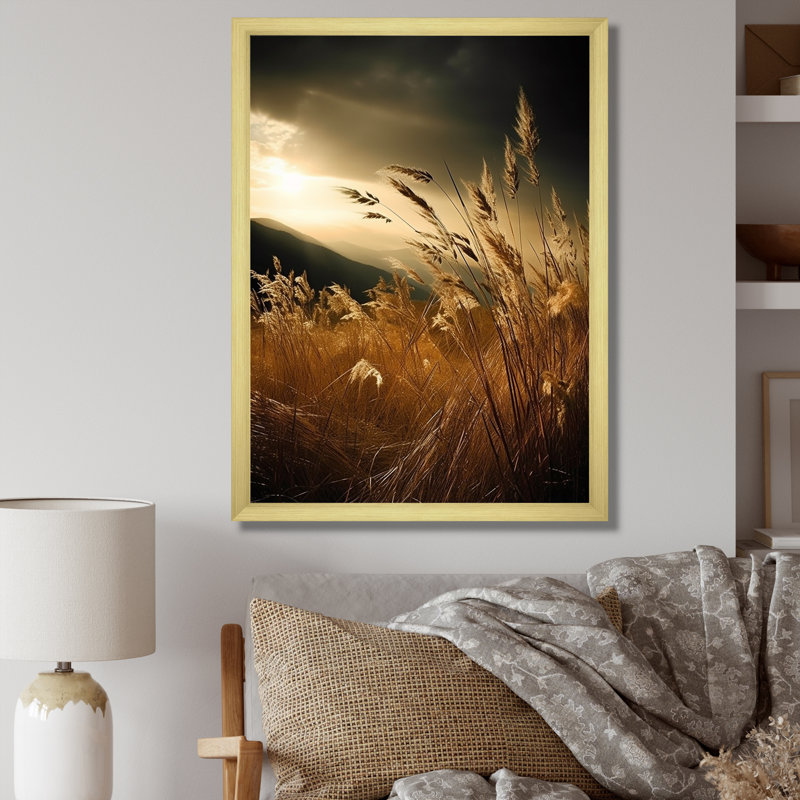 «Beachgrass In Motion At Sunset I», reproduction d'art sur toile, H 32 po x l 24 po x P 1 po, Cadre doré simple