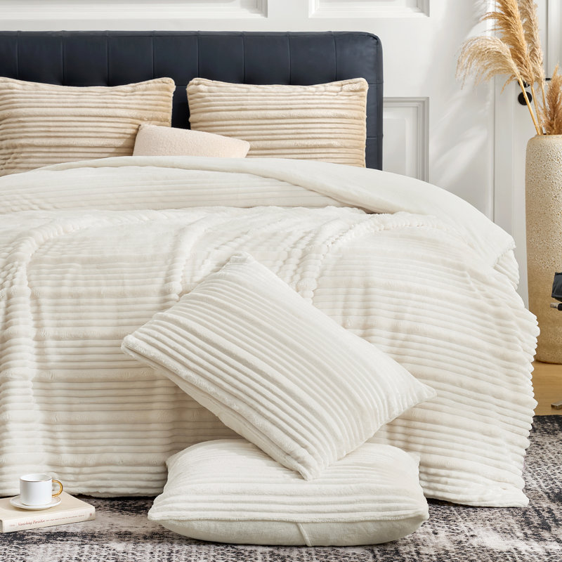 Ensemble d'édredon moelleux Amélie Home, literie en molleton à rayures nervurées, ensemble très doux, Beige, 2