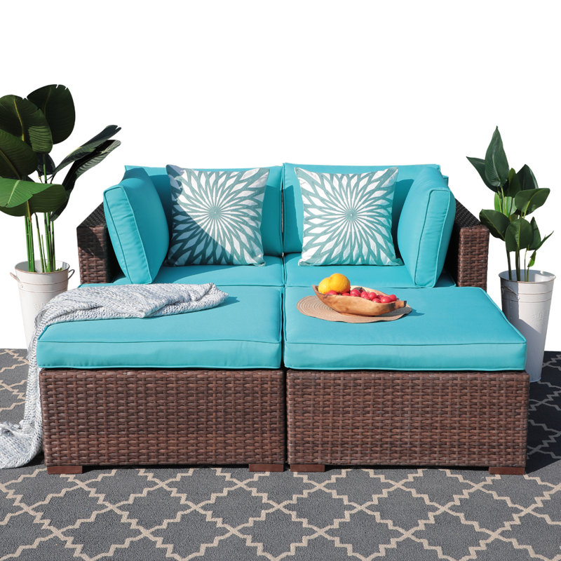 Alishea 4-Piece Rattan Outdoor Sofa with Cushions, Brown Frame/Blue Cushion