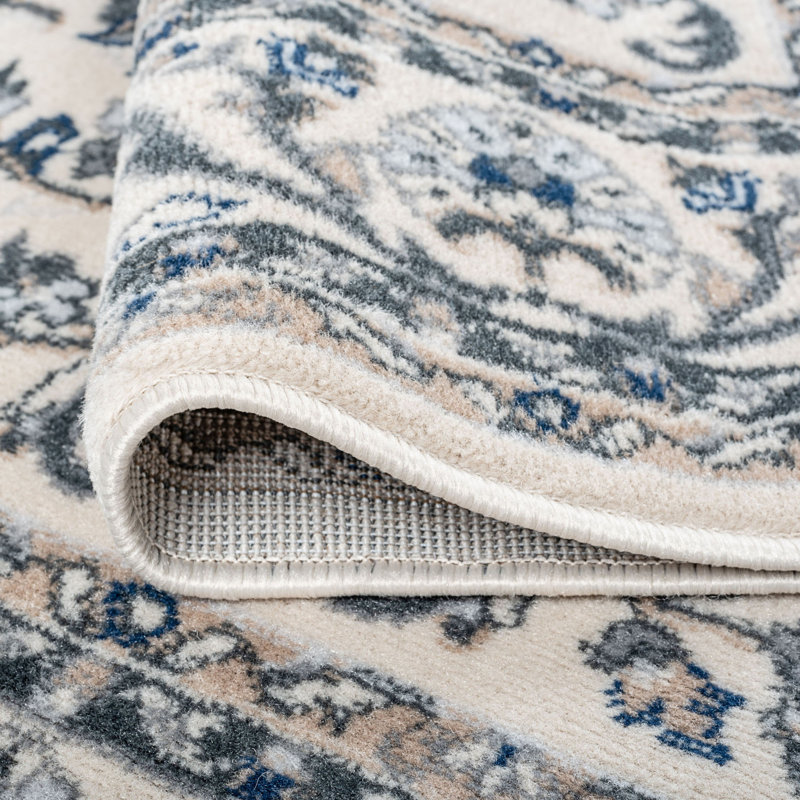 Crème oriental Briele | Bleu | Gris | Tapis beige, Rond 5 pi 3 po