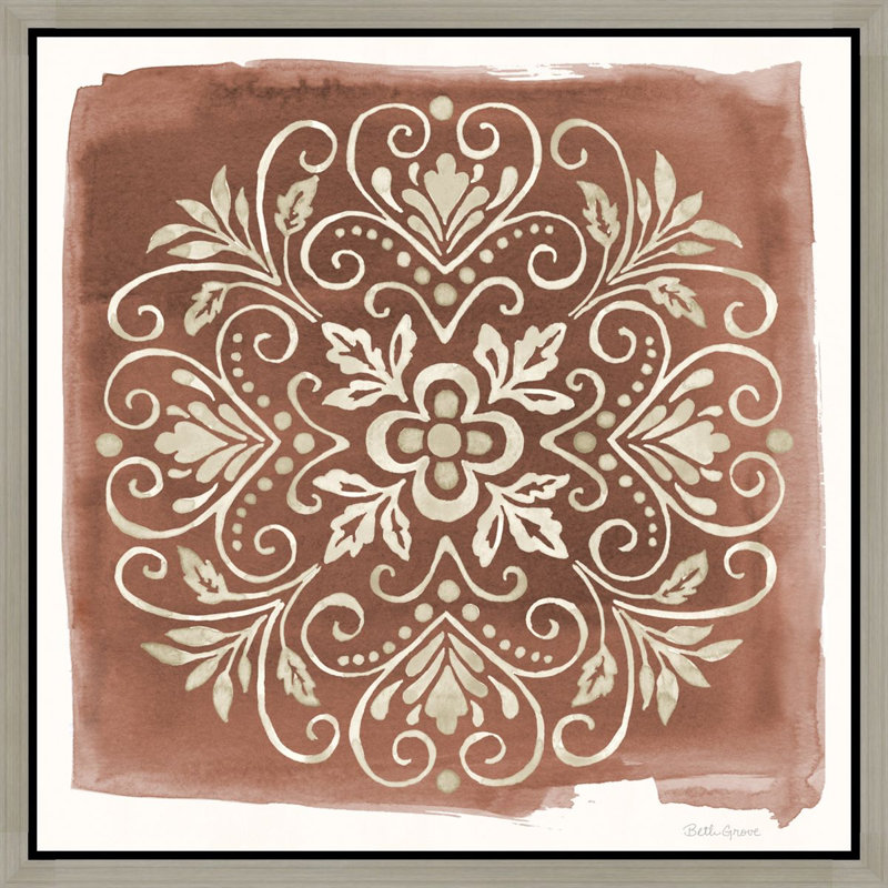 Motif floral orné en beige et brun - Art mural sur toile encadrée, 16" H x 16" W, Silver