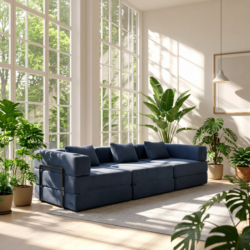 Aislin 118.11" W x 39.37" D x 24.8" H Chenille Fabric Modular Sectional Floor Sofa Bed