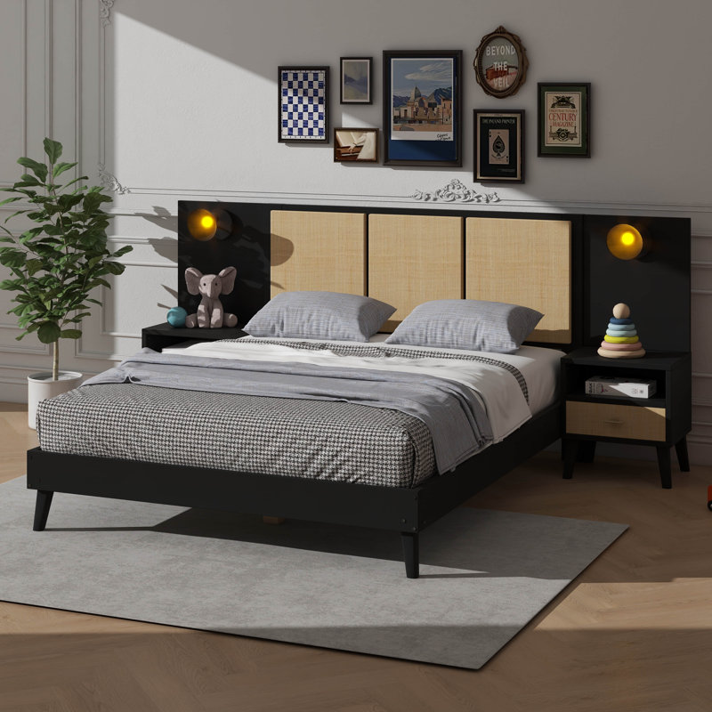 Queen Solid Wood Bed Frame With Matching Nightstands And Lamp-Integrated Design, Black