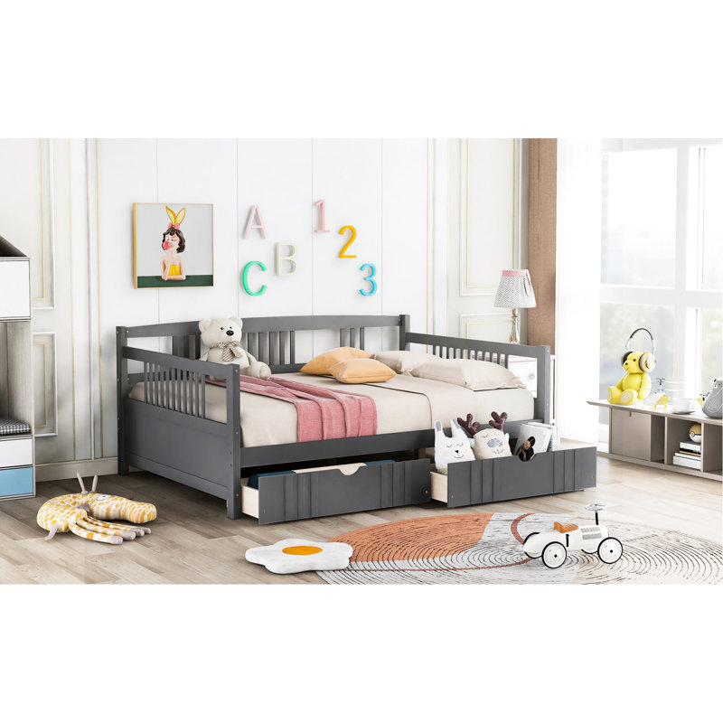Daybed With Two Practical Drawers - Solid Wood For A Neat Living Room Full Size Drawers, Made From Structure, Gray