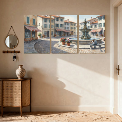 Ensemble de 3 reproductions d'art sur toile, "Place de ville européenne avec fontaine et cafés"
