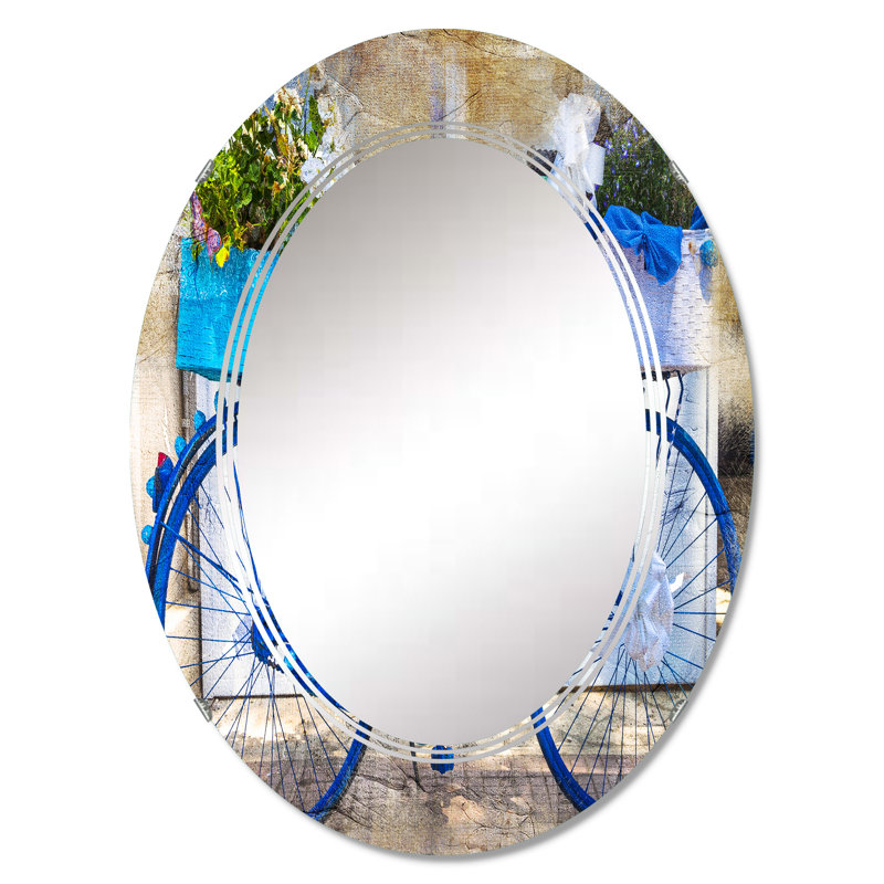 Vélo rétro bleu avec fleurs - Miroir mural industriel ovale, 30 po x 20 po