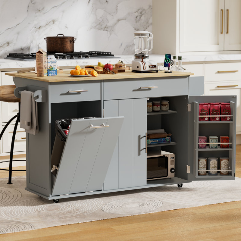 Rolling Kitchen Island With Trash Can Storage, Drop Leaf & Power Outlet, Towel Rack & Spice Rack, Large Mobile Island Table For Kitchen