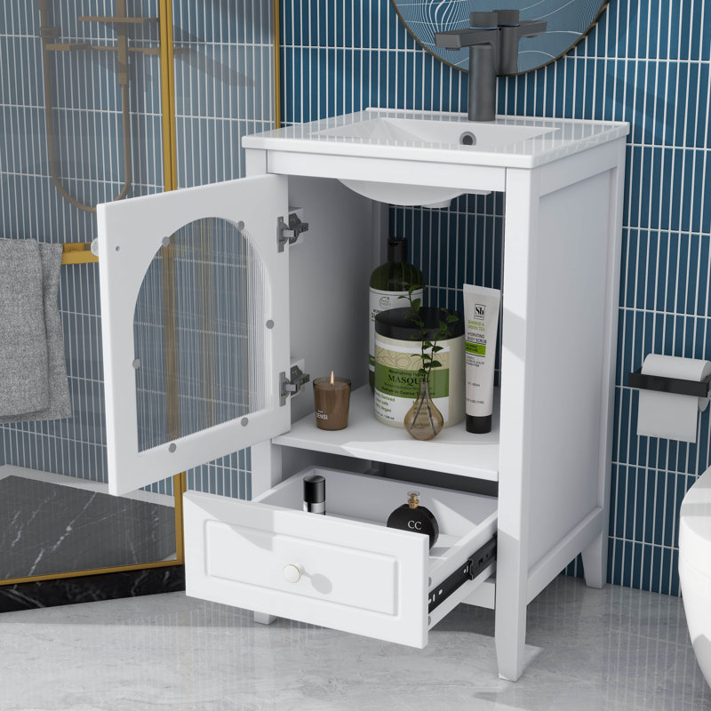 Meuble-lavabo de 20 po avec lavabo, armoire de salle de bain avec porte en verre