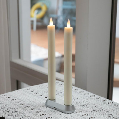 Rechargeable 3D Moving Flame Wax Taper Candles With Charging Base & Remote And Timers (Set of 2), 280 hours glow time on each 4 hours charging (Holders not included)