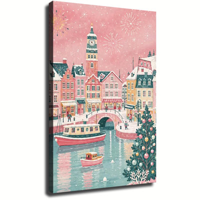 Dutch Christmas Canal Town With Clock Tower And Fireworks, Snowy Holiday Waterfront Scene Canvas Wall Art Wall Decor