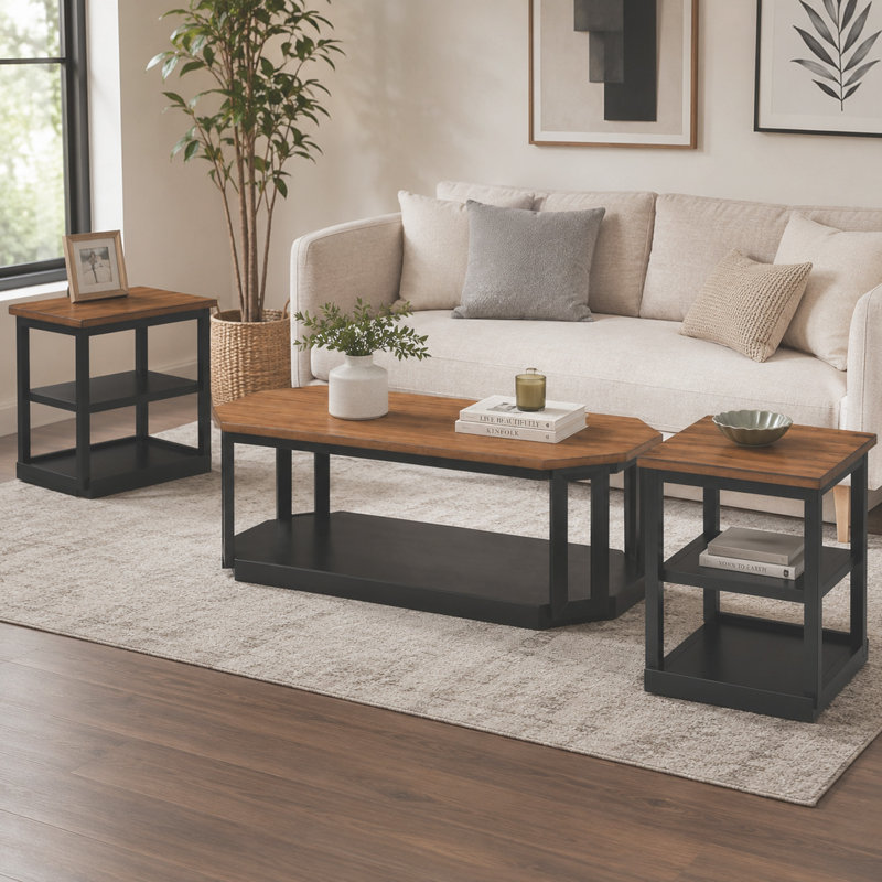 Table basse et table de bout 3 pièces Dany, tablette inférieure, plateau brun et base noire Dany