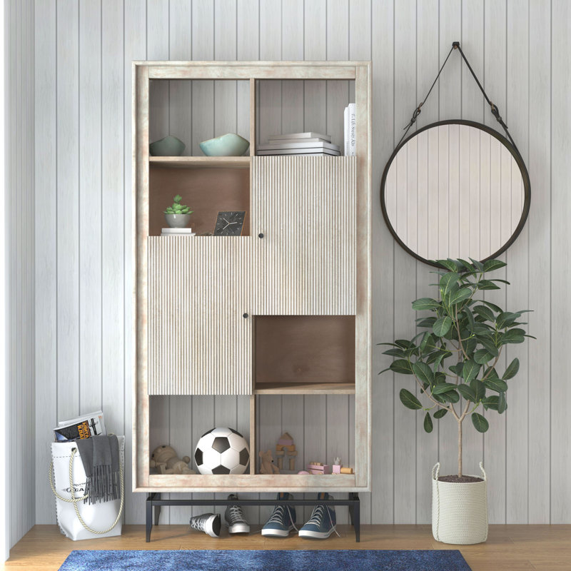 Gray Mango Wood Tall Accent Cabinet with Black Metal Hardware