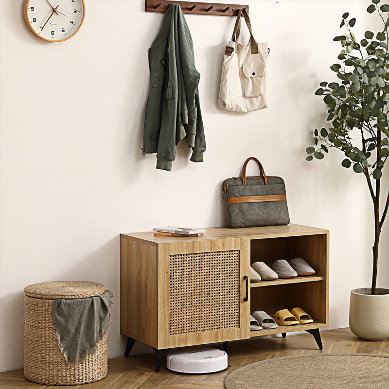 Armoire de rangement moderne pour chaussures avec porte en filet de rotin naturel et poignée en bois massif 39,37 pouces