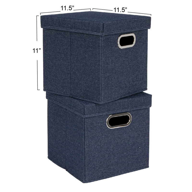 Denim Blue Cotton Blend Collapsible Cube Storage Box with Metal Handles