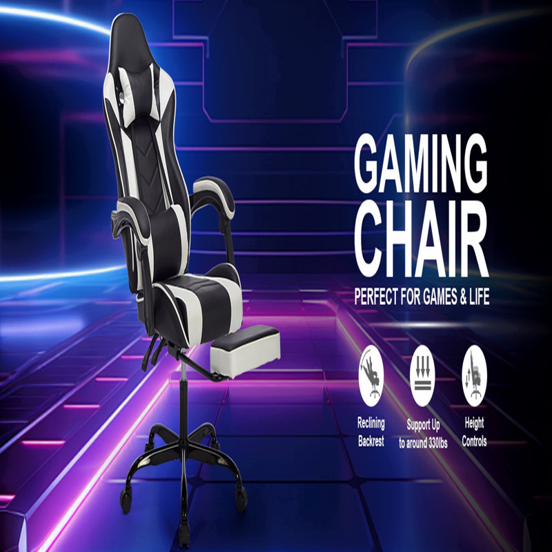 Fauteuil de jeu avec repose-pieds, fauteuil d'ordinateur ergonomique avec appui-tête et support lombaire, fauteuil de jeu vidéo réglable en hauteur respirant pour adultes, noir et blanc