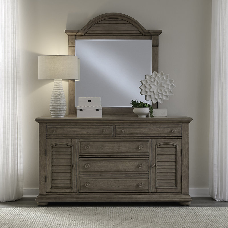 King Panel Bed, Dresser & Mirror, Chest, Nightstand Bedroom Set, King, 5 Pcs: Bed, Nightstand, 2 Dressers, Mirror, Tan